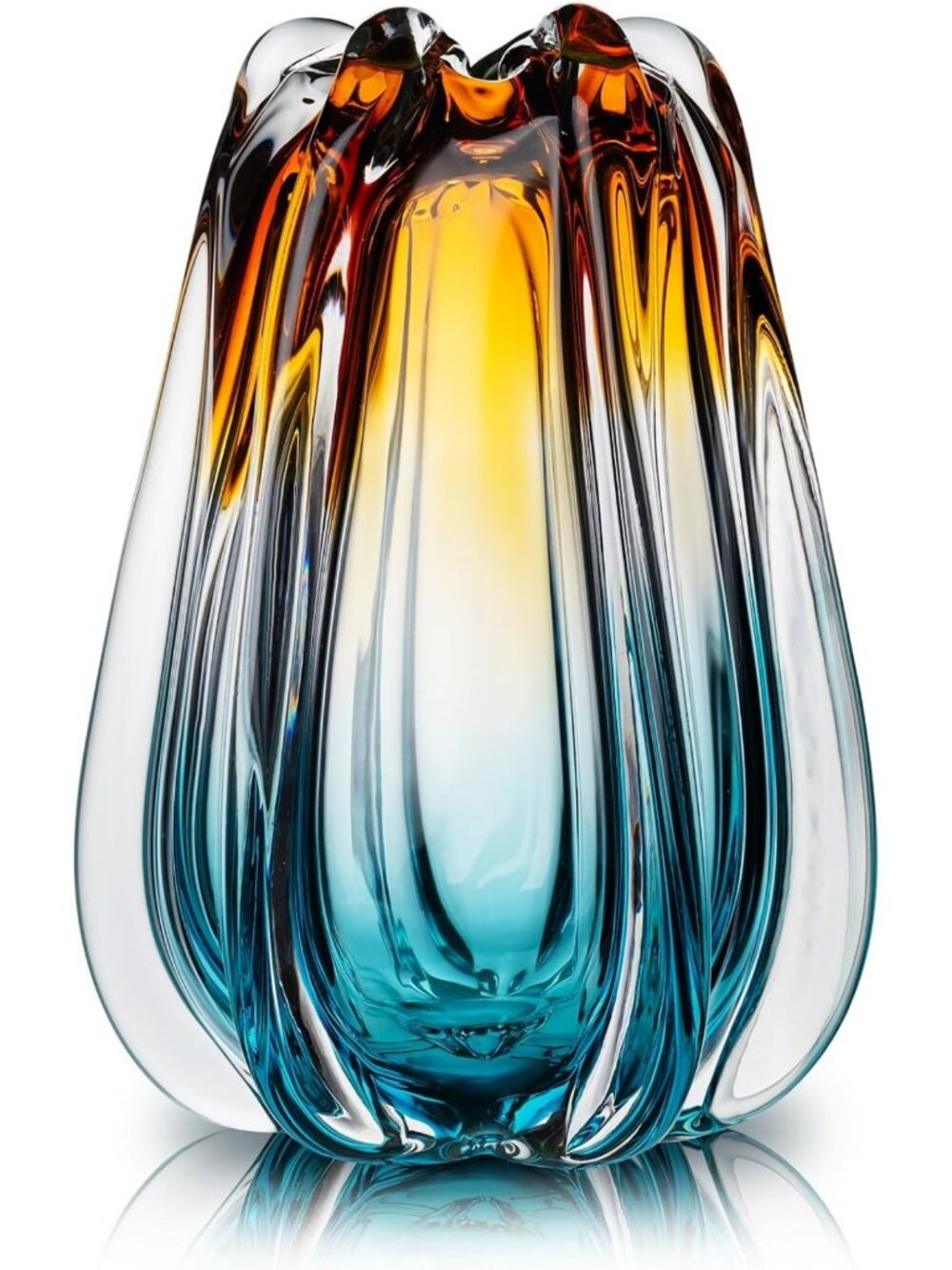 Stunning Hand Blown Glass Flower Vase - Amber Teal Ombre Home Decor Accent